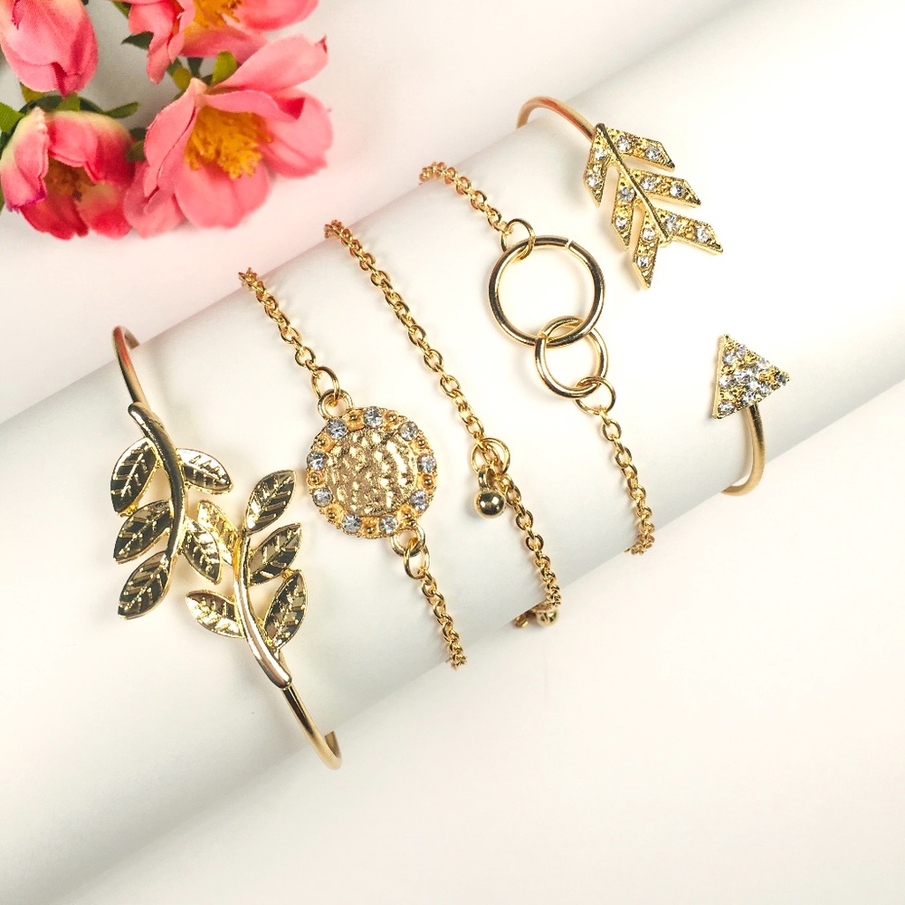 5 Piece Arrow Leaf Gold Bracelet Set - Picture 5 of 7